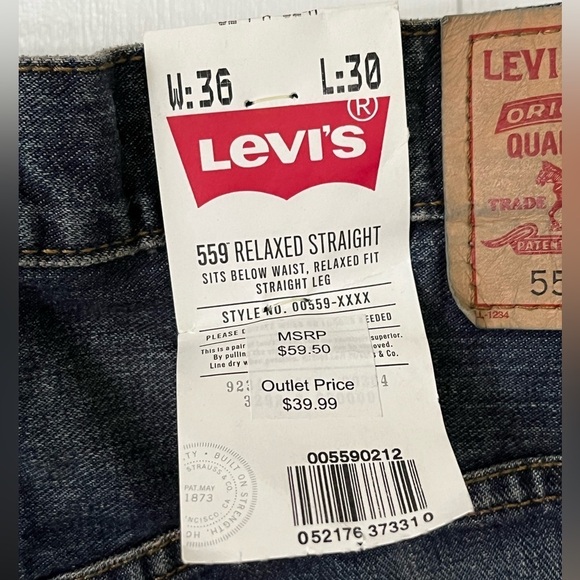 NWT! Levi's 559 Jeans Men`s 36 x 30 Relaxed Straight Leg Fit Blue Jean Denim - Picture 6 of 12